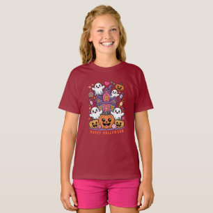 Camiseta Adorável Kawaii Halloween Fantasma Feliz & Abóbo
