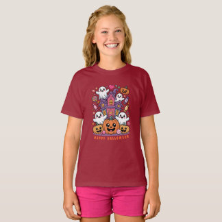 Camiseta Adorável Kawaii Halloween | Fantasma Feliz & Abóbo
