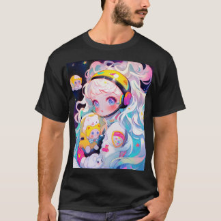 Camiseta Adorável Menina de Animação Kawaii no Espaço