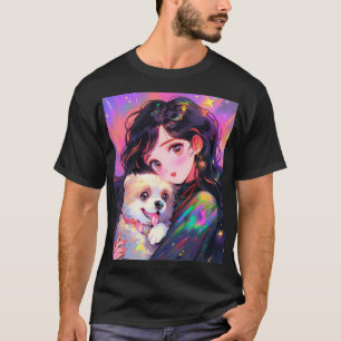 Camiseta Adorável Menina de Animação Retro e Seu Cachorro