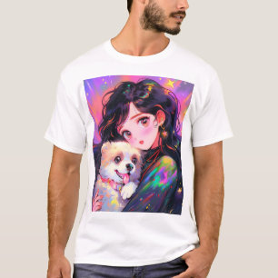 Camiseta Adorável Menina de Animação Retro e Seu Cachorro
