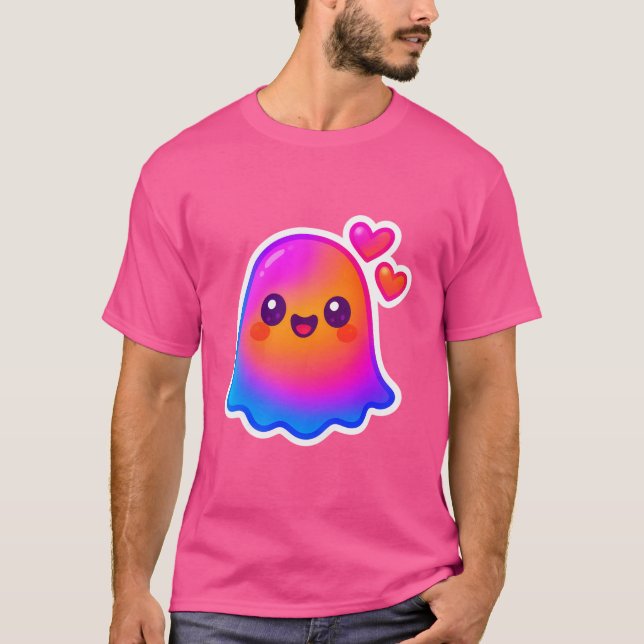 Camiseta Adorável Neon Kawaii Ghost com brilho gradiente e (Frente)
