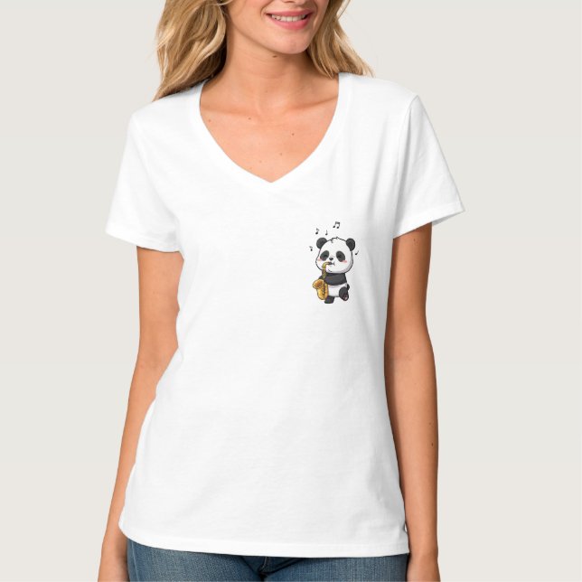 Camiseta Adorável Panda de Desenho Animado Tocando Saxofone (Frente)