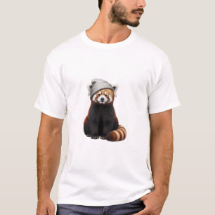 Camiseta Adorável Panda Vermelho Usando um Gorro