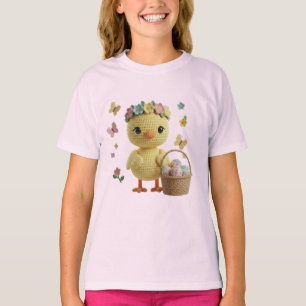 Camiseta Adorável Pintinho de Páscoa com Coroa Floral e Ovo