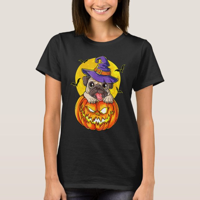 Camiseta Adorável Pug de Halloween com Chapéu de Bruxa e Ab (Frente)