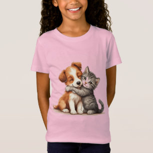 Camiseta Adorável Puppy e Kitten se abraçando com sorrisos 