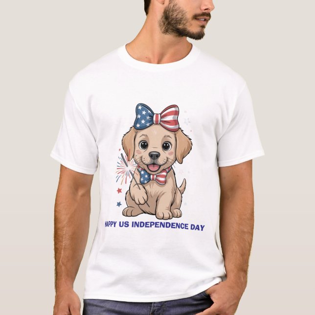 Camiseta Adorável Puppy Patriótico 4 de julho Celebração (Frente)