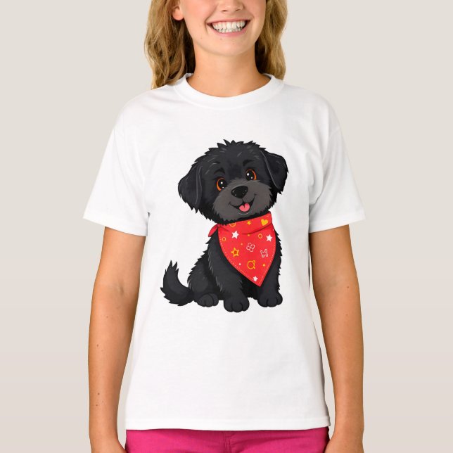 Camiseta Adorável Puppy Preto Vestindo uma Bandana Vermelha (Frente)