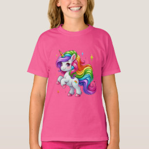 Camiseta Adorável Unicórnio Arco-Íris com Nuvem e Marca de