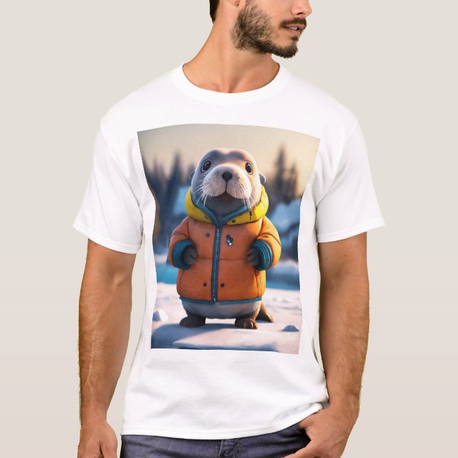 Camiseta Adorável Walrus num Casaco amarelo de inverno (Frente)