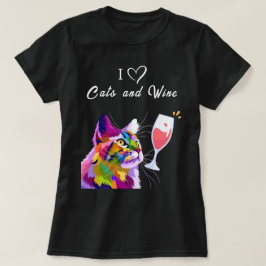 Camiseta Adoro Gatos e Vinho Pop de Arte Moderna Colorida