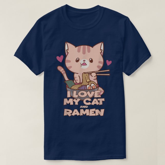 Camiseta Adoro o meu gato e o meu ramen, design engraçado (Frente do Design)