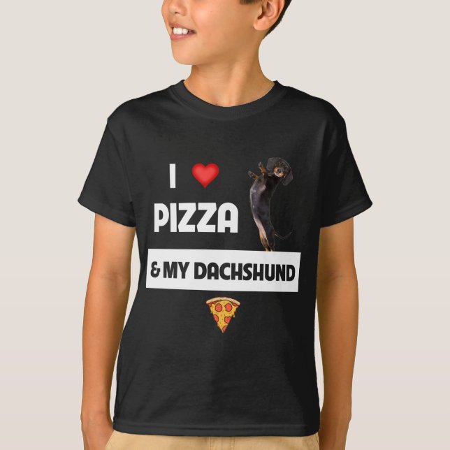 Camiseta Adoro Pizza e Pepperoni, dono do cão Dachshund (Frente)