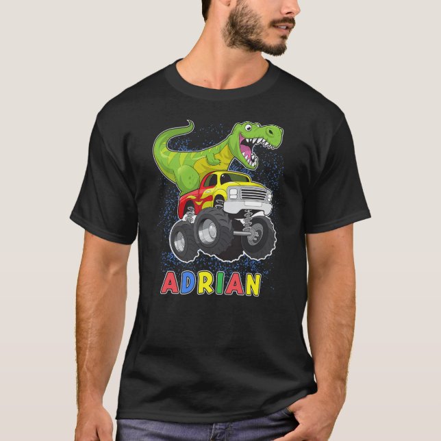 Camiseta Adrian Personalized Dinosaur On A Monster Truck Ki (Frente)