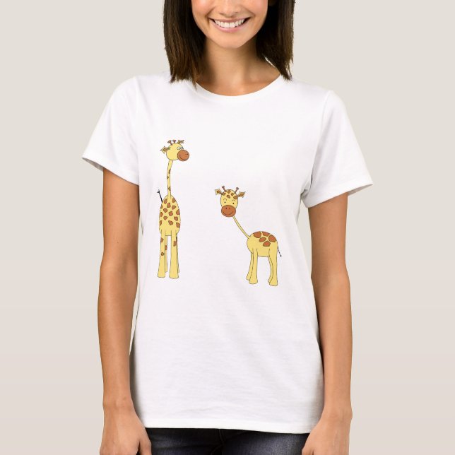 Camiseta Adulto e girafa do bebê. Desenhos animados (Frente)