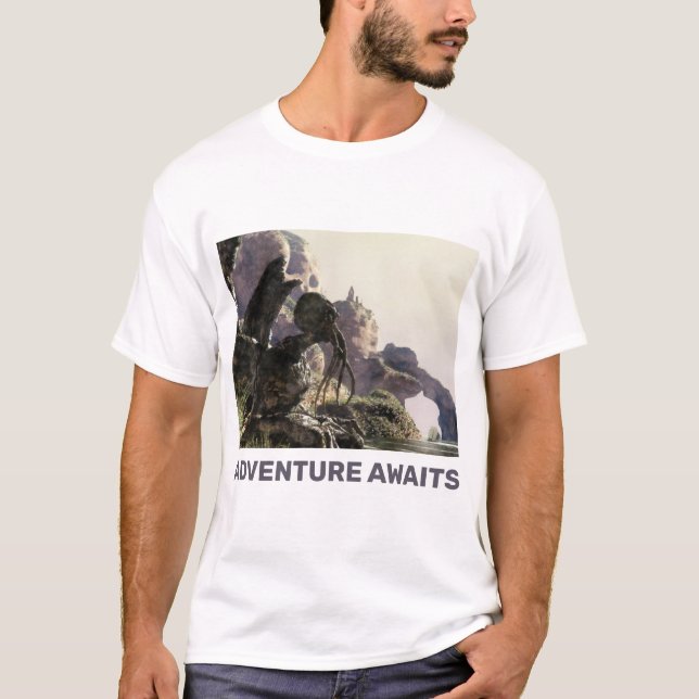 Camiseta Adventure Awaits. Fantasy landscape (Frente)