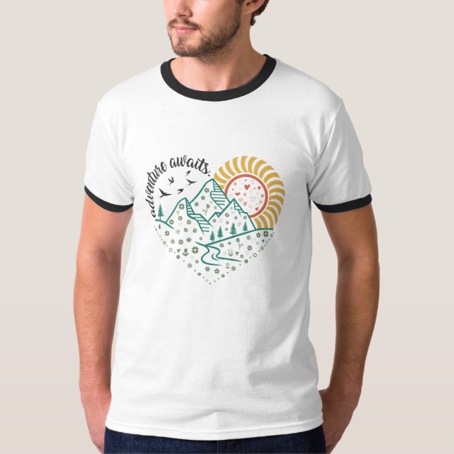 Camiseta Adventure Awaits – Retro Mountain & Sun Nature (Frente)