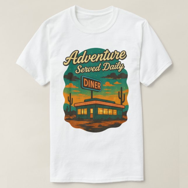 Camiseta Adventure Servida Daily Retro Diner Impressão (Frente do Design)