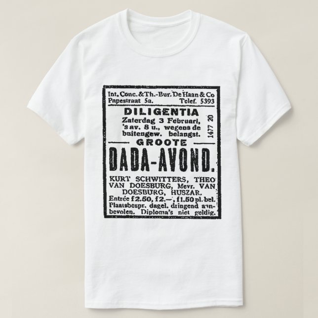 CAMISETA ADVERTÊNCIA DE JORNAL DE ARTE DADA BRANCA E NEGRA (Frente do Design)