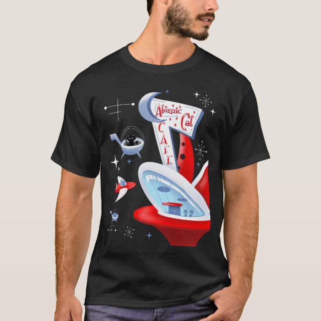 Camiseta Aeroporto de Gatinho Retro Futurístico do Café de  (Frente)