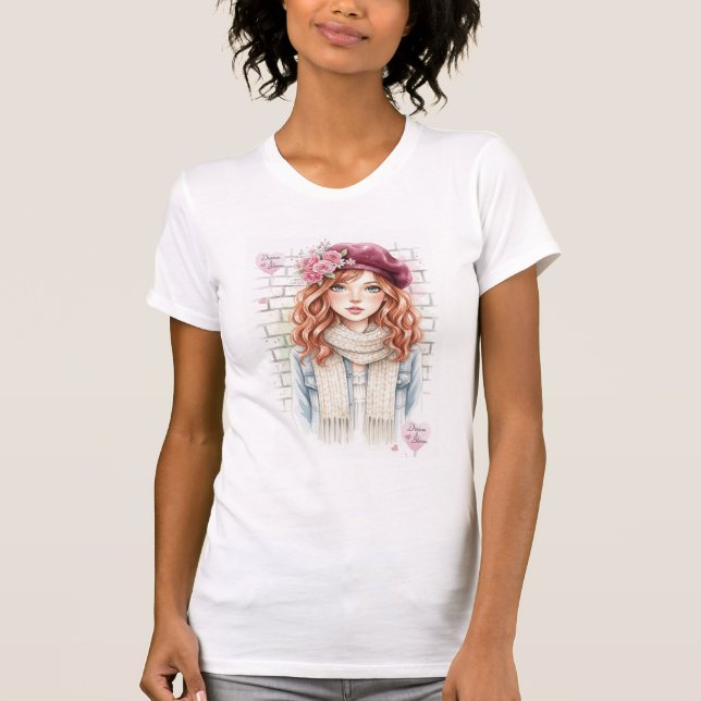 Camiseta Aesthetic Floral Beret Girl Watercolor  (Frente)