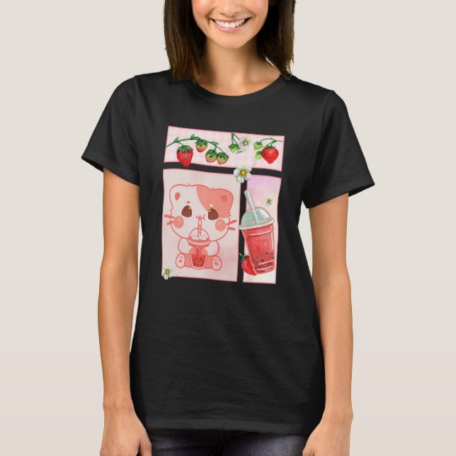 Camiseta Aesthetic Harajuku Cute Cat Drink Strawberry Boba  (Frente)