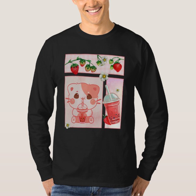 Camiseta Aesthetic Harajuku Cute Cat Drink Strawberry Boba  (Frente)