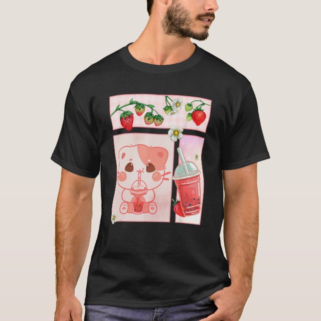 Camiseta Aesthetic Harajuku Cute Cat Drink Strawberry Boba  (Frente)