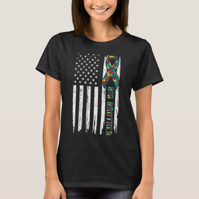 Camiseta Afastada American Flag Autism Big Brother Family (Frente)