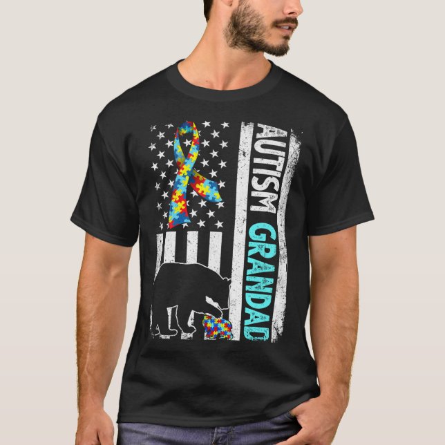 Camiseta Afastada bandeira americana Autismo Avô Urso Autis (Frente)