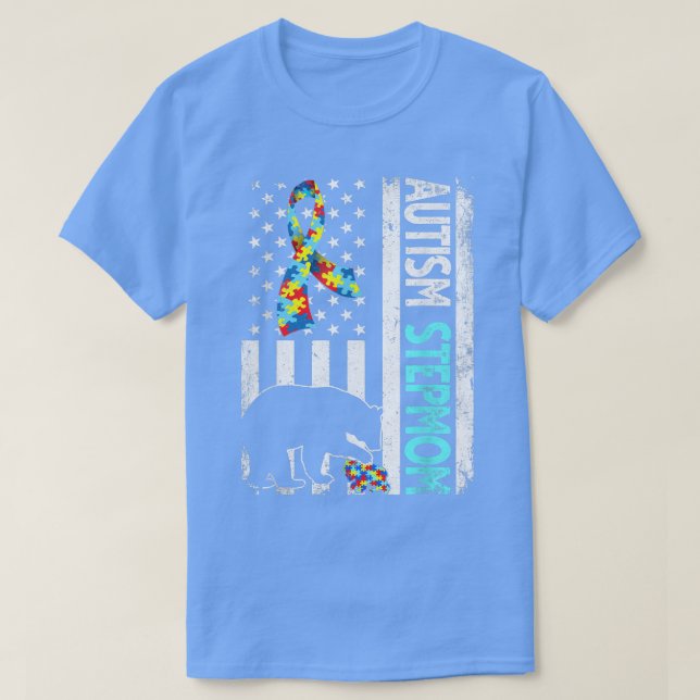 Camiseta Afastada bandeira americana Autismo Stepman Bear A (Frente do Design)