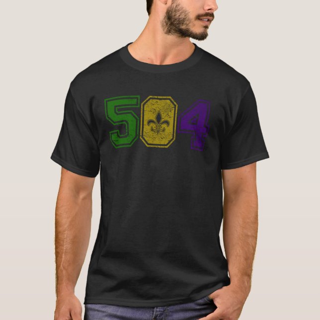 Camiseta Afastada Mardi Gras Retro Fleur De Lis NOLA 504 (Frente)