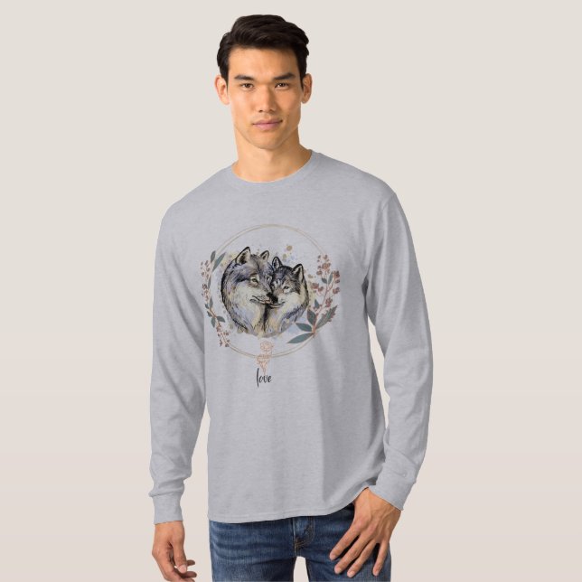 Camiseta Afeição Selvagem - Lobos na Ilustração do Amor (Frente Completa)