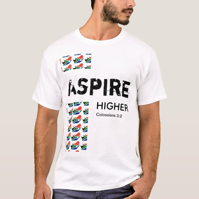 Camiseta África do Sul - Escritura de MAIS ALTO ASPIRE - Cr (Frente)