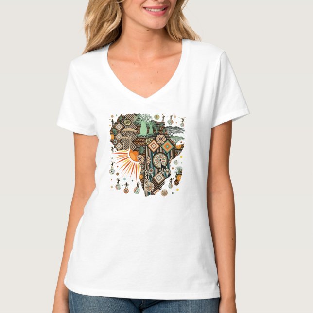 Camiseta Africa Map Decorative Tribal Elements Pattern (Frente)