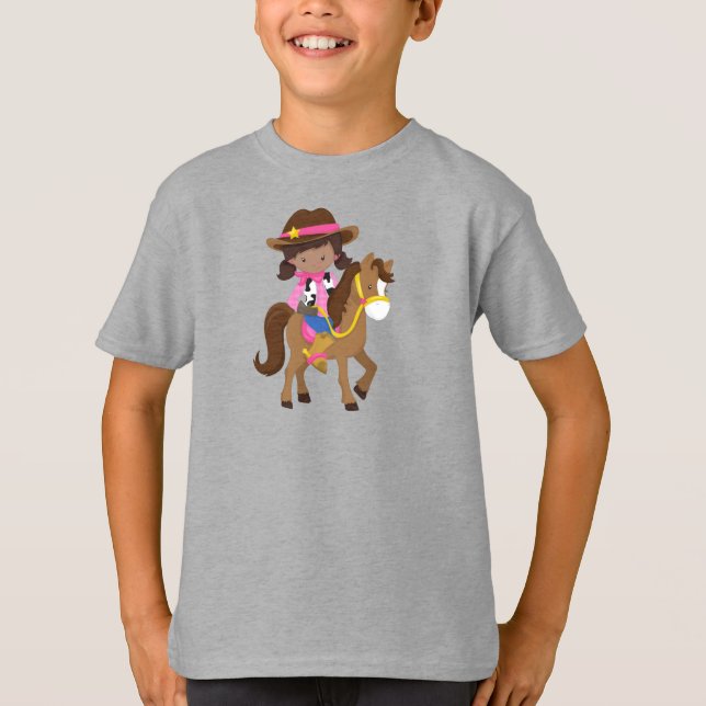 Camiseta African American Girl, Cowgirl, Xerife, Cavalo (Frente)