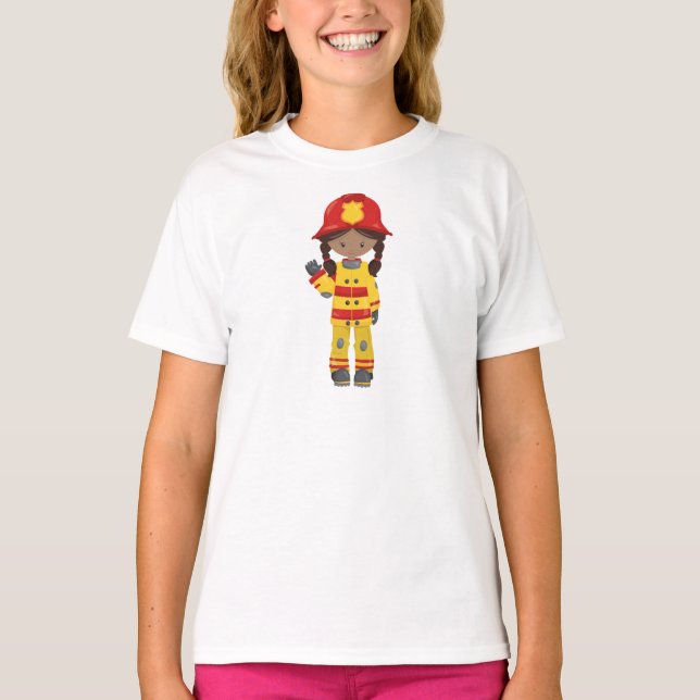 Camiseta African American Girl, Girl Fireman, Bombeiro (Frente)