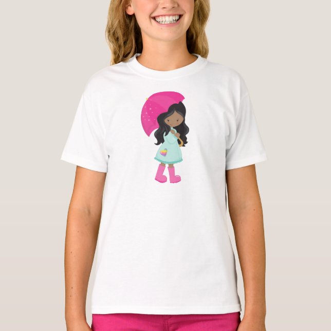 Camiseta African American Girl, Rain, Raincoat, Umbrella (Frente)