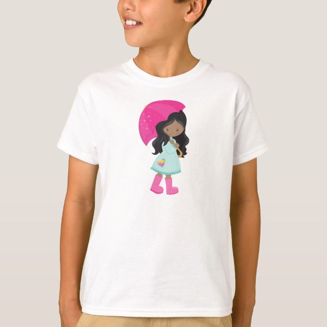 Camiseta African American Girl, Rain, Raincoat, Umbrella (Frente)