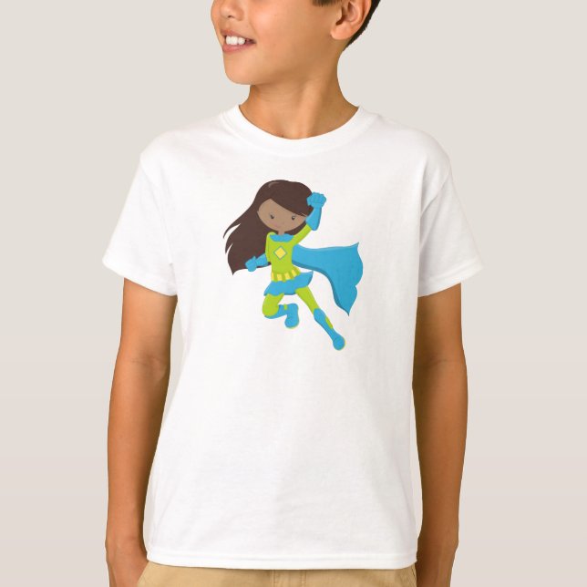 Camiseta African American Girl, Super Herói Girl, Blue Cape (Frente)