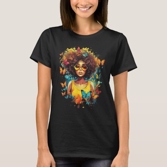 Camiseta African American Woman Black Girl With Butterflies (Frente)