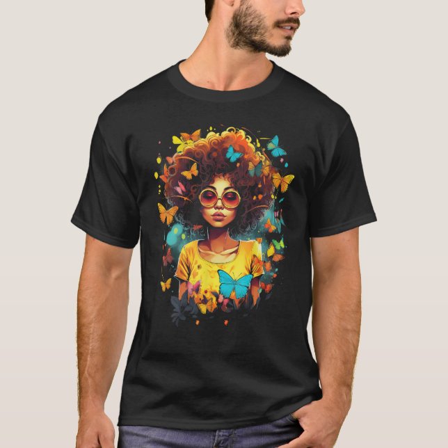 Camiseta African American Woman Black Girl With Butterflies (Frente)