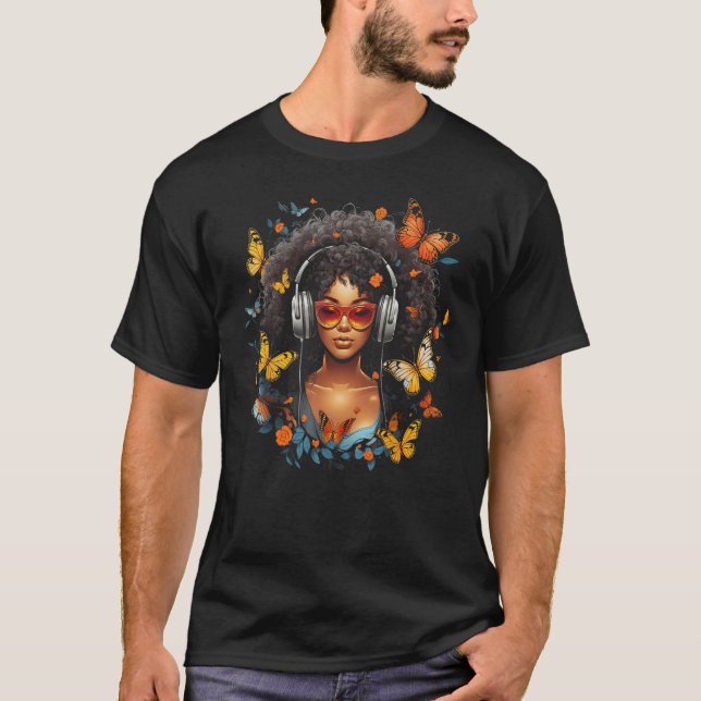 Camiseta African American Woman Black Girl With Headphones  (Frente)