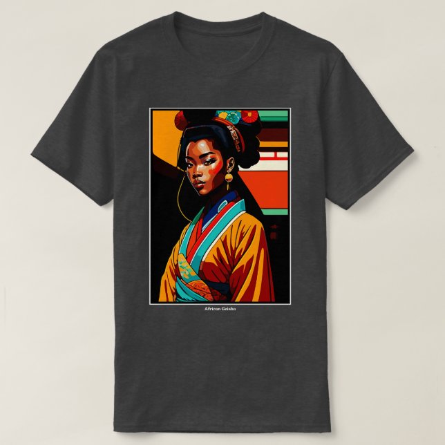 Camiseta African Geisha in Traditional Japonês Kimono (Frente do Design)