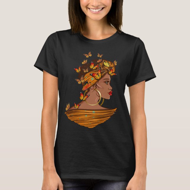 Camiseta Afro African Woman Butterflies Black Queen History (Frente)