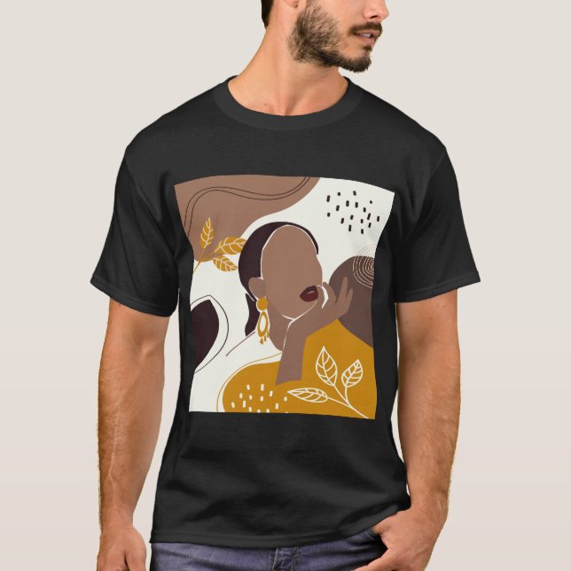Camiseta Afro-Americana Art, Leaf Girl Impressão, Negra (Frente)