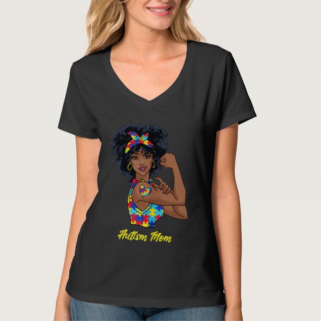 Camiseta Afro Black Woman Autism Mom Awareness Tattoo Jigsa (Frente)