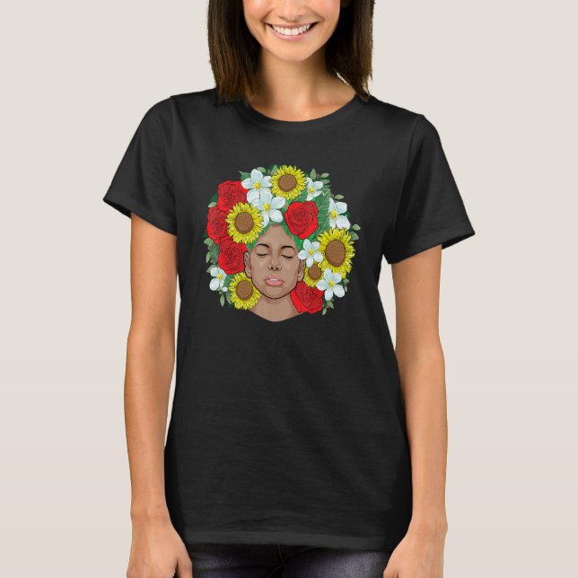 Camiseta Afro Natural Black Hair Kind Pride Melanin Flowers (Frente)