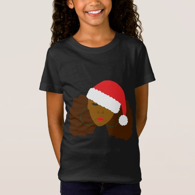 Camiseta Afro Puff Negra Mulher Santa Hat Cabelo Natural Ch (Frente)